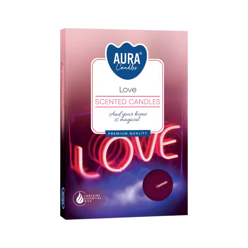 Love Set of 6 Scented Tealights in pink and purple packaging for romantic ambiance
