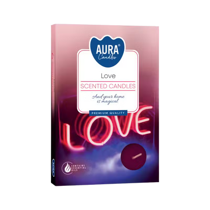 Love Set of 6 Scented Tealights in pink and purple packaging for romantic ambiance