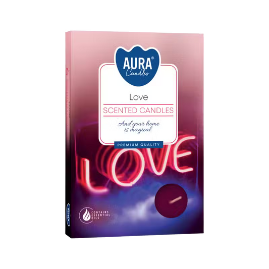 Love Set of 6 Scented Tealights in pink and purple packaging for romantic ambiance