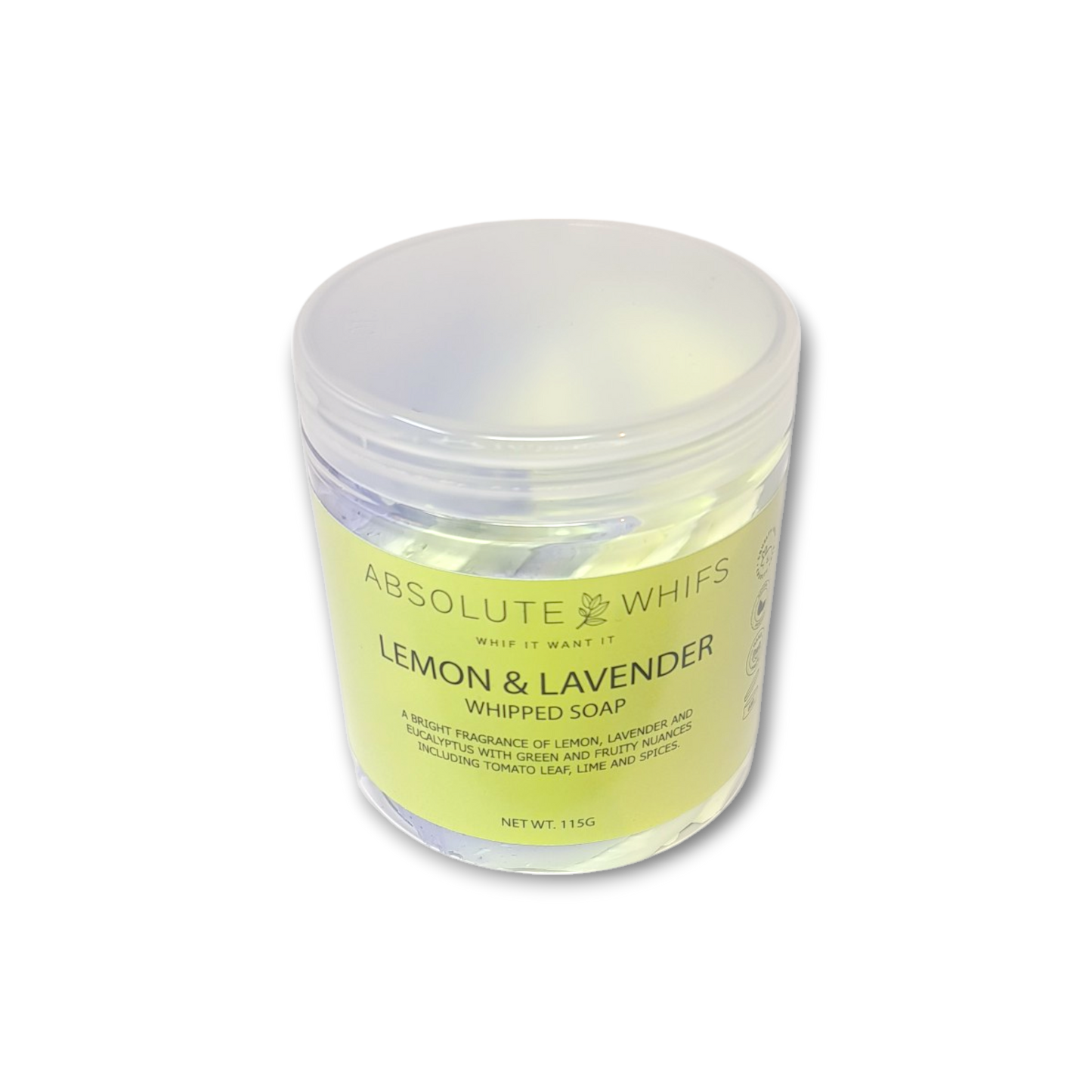 Lemon Lavender Whipped Soap in a clear container with a yellow label.