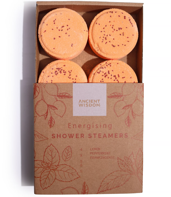 Zen Shower Steamers energising gift set with peppermint, frankincense, lemon, and cranberry seeds, vegan and cruelty-free.