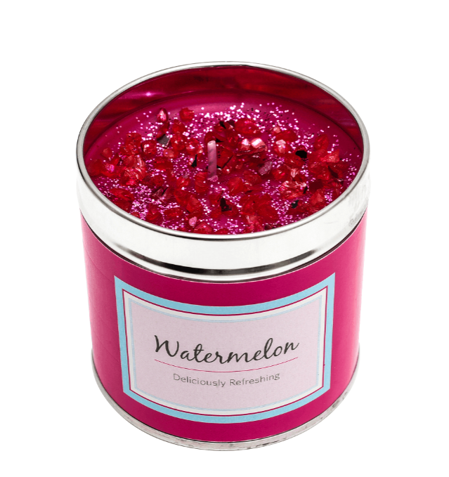 Watermelon scented candle from Valentines Pamper Hamper with decorative red wax crystals