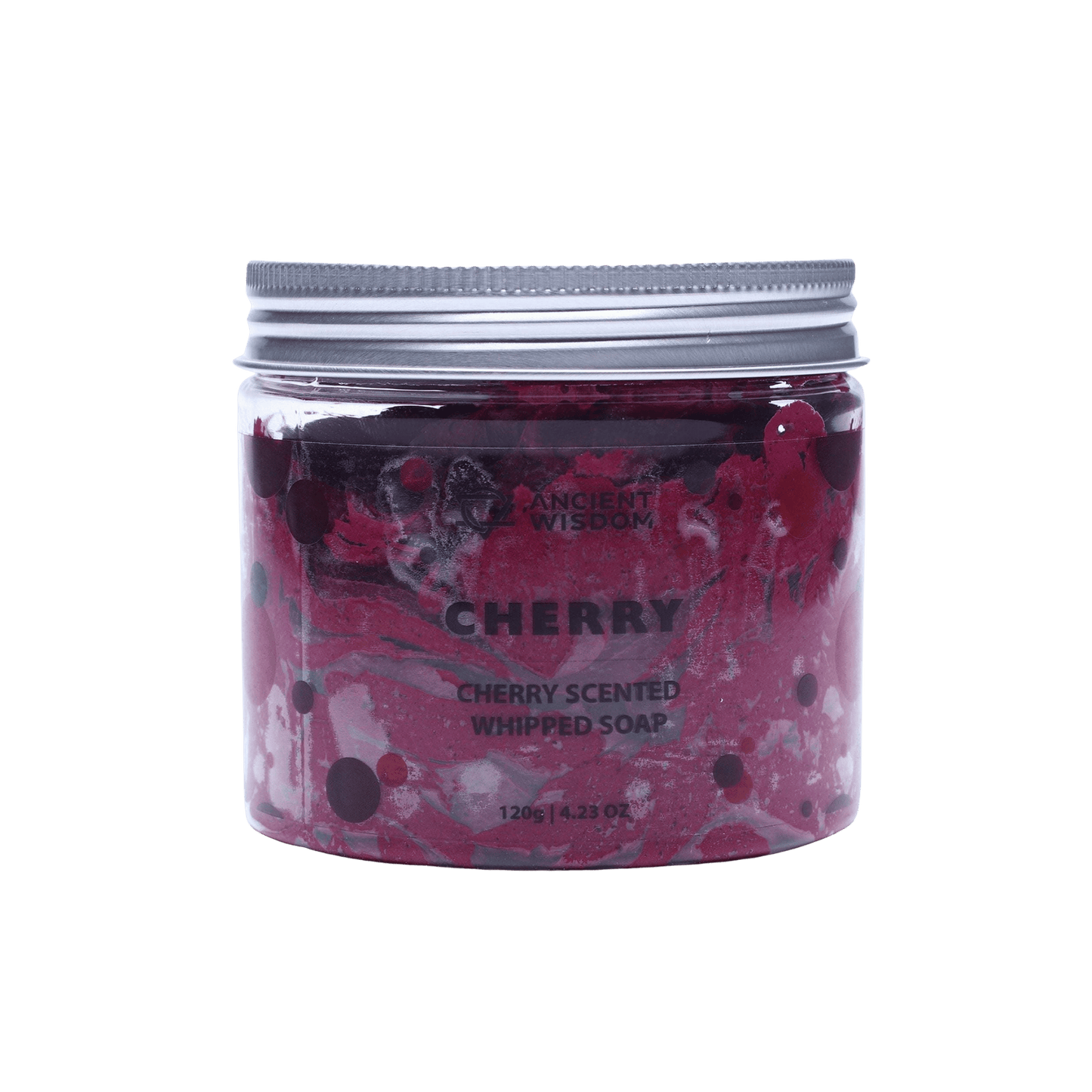 Cherry scented fruity whipped soap in a clear jar with silver lid by Ancient Wisdom