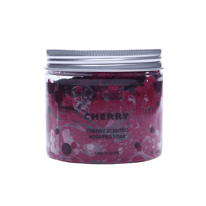Cherry scented fruity whipped soap in a clear jar with silver lid by Ancient Wisdom