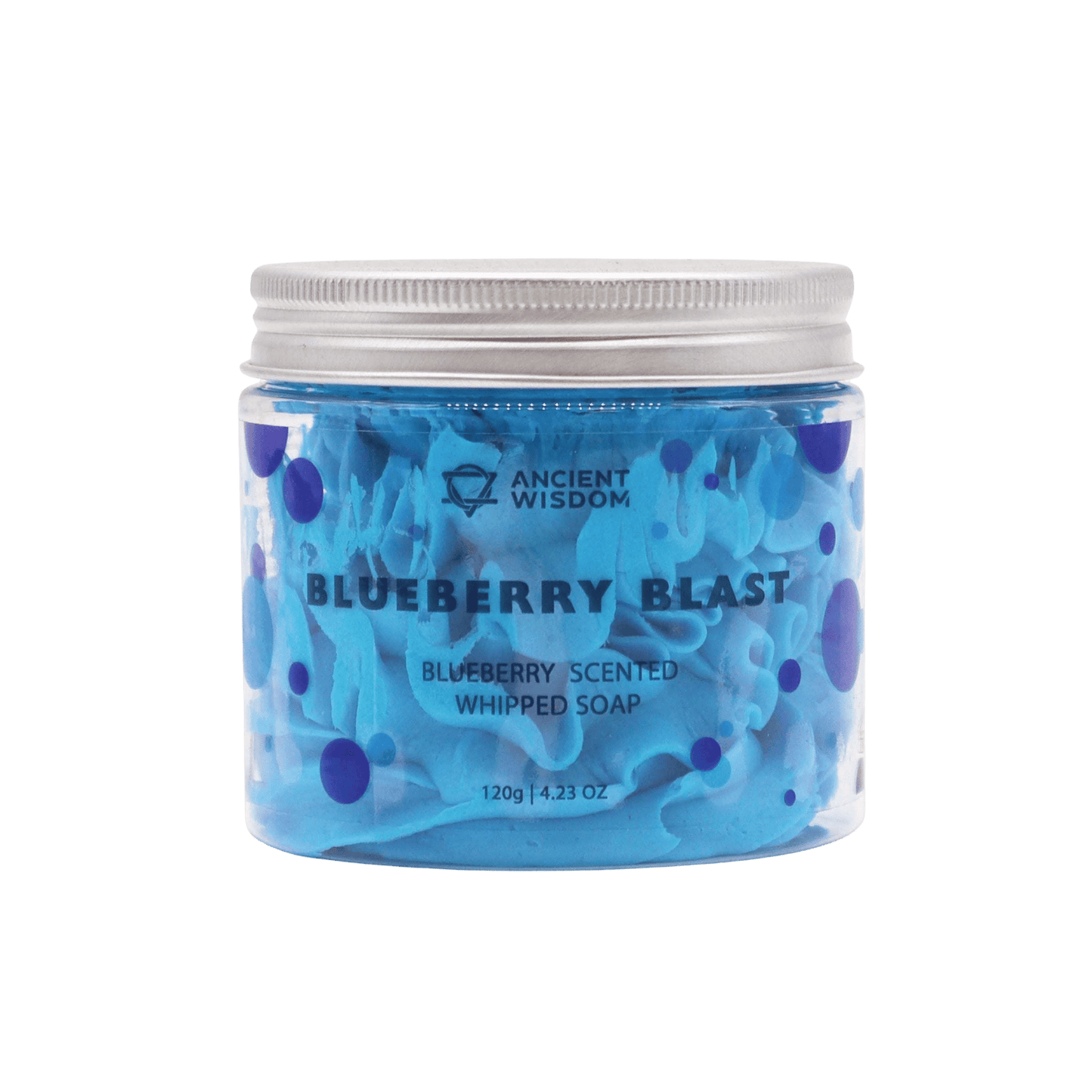 Blueberry Blast fruity whipped soap in clear jar with silver lid by Ancient Wisdom