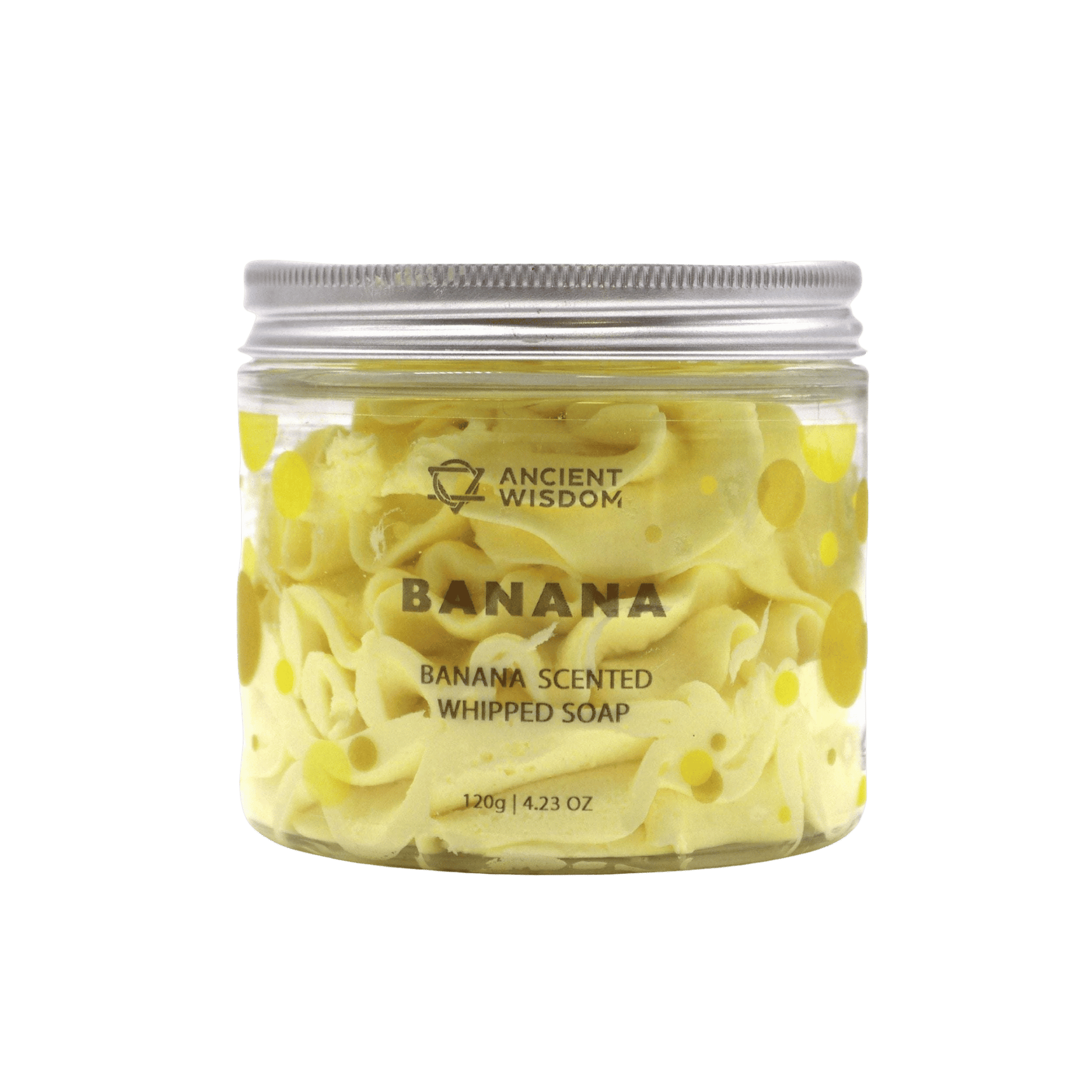 Banana scented fruity whipped soap in clear jar with silver lid by Ancient Wisdom