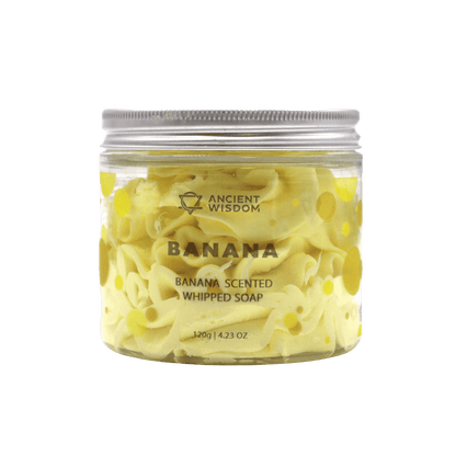 Banana scented fruity whipped soap in clear jar with silver lid by Ancient Wisdom