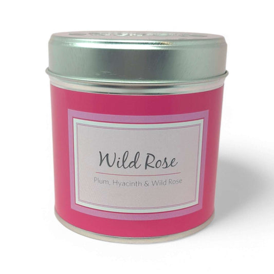 Wild Rose Scented Candle - Pink tin of Seriously Scented Candle in Wild Rose scent with plum and hyacinth notes.