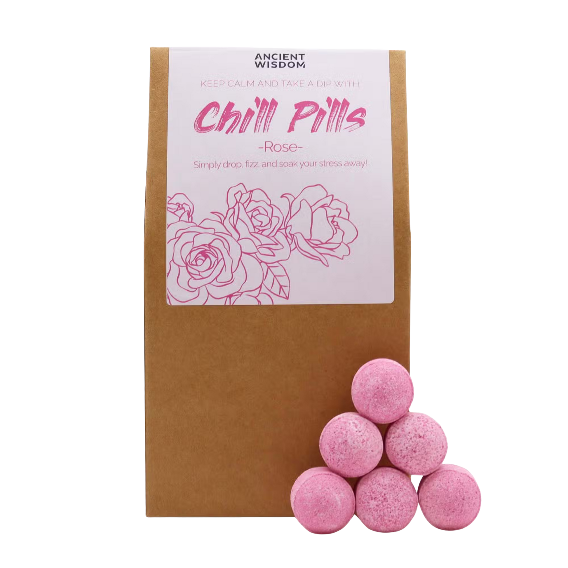 Chill Pills Gift Pack 350g Rose scented bath fizzies with vegan, cruelty-free, plastic-free packaging