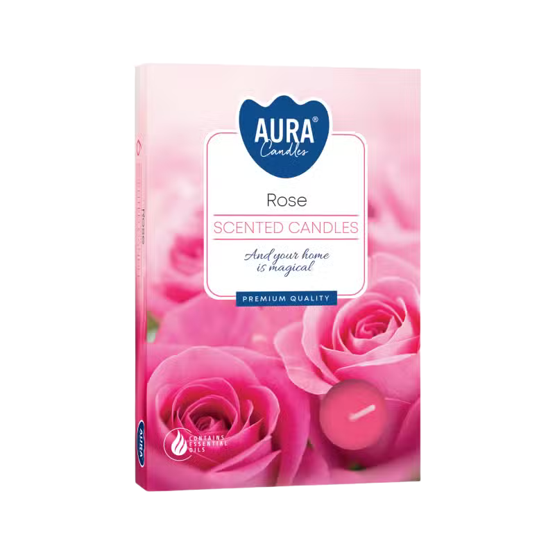 Rose Set of 6 Scented Tealights in pink floral packaging