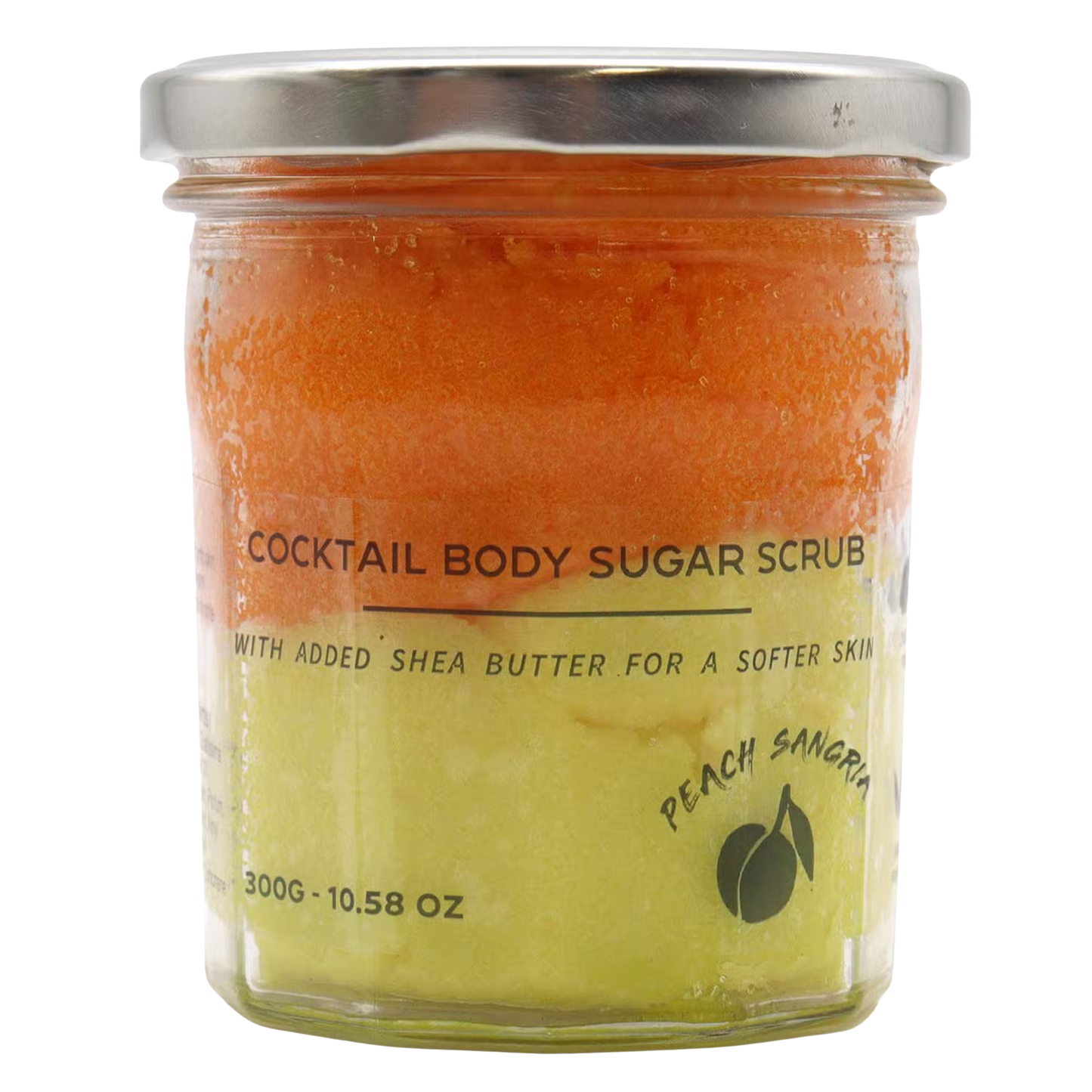 Fragranced Sugar Body Scrub Peach Sangria 300g jar with natural sugar crystals and shea butter for soft, exfoliated skin