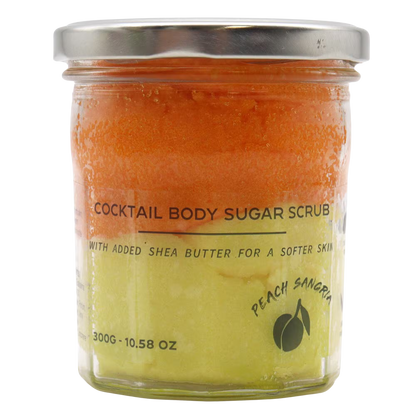 Fragranced Sugar Body Scrub Peach Sangria 300g jar with natural sugar crystals and shea butter for soft, exfoliated skin