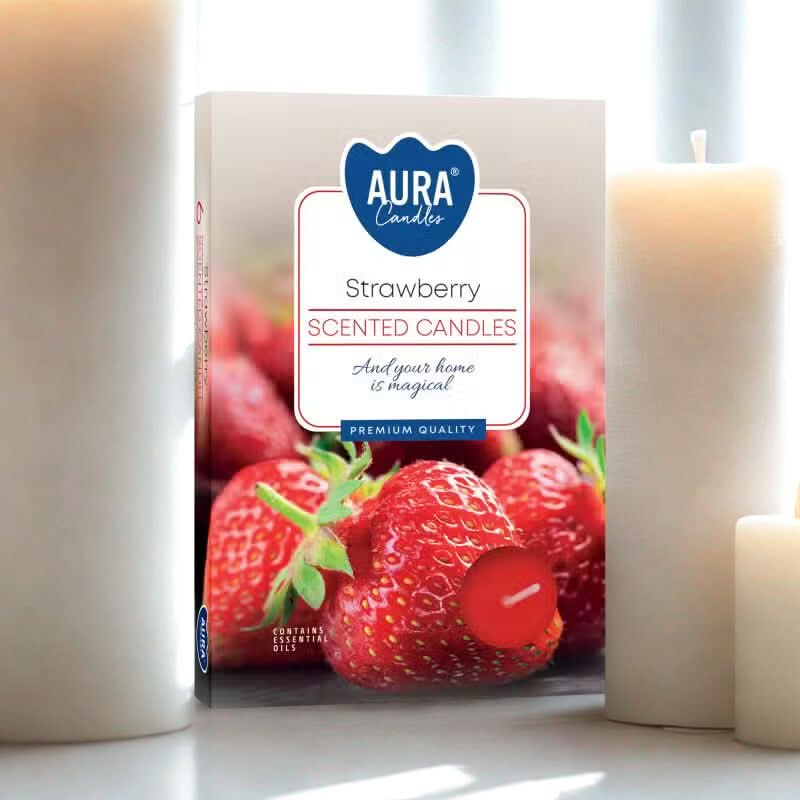 Strawberry Set of 6 Scented Tealights with fruity aroma and warm ambient light