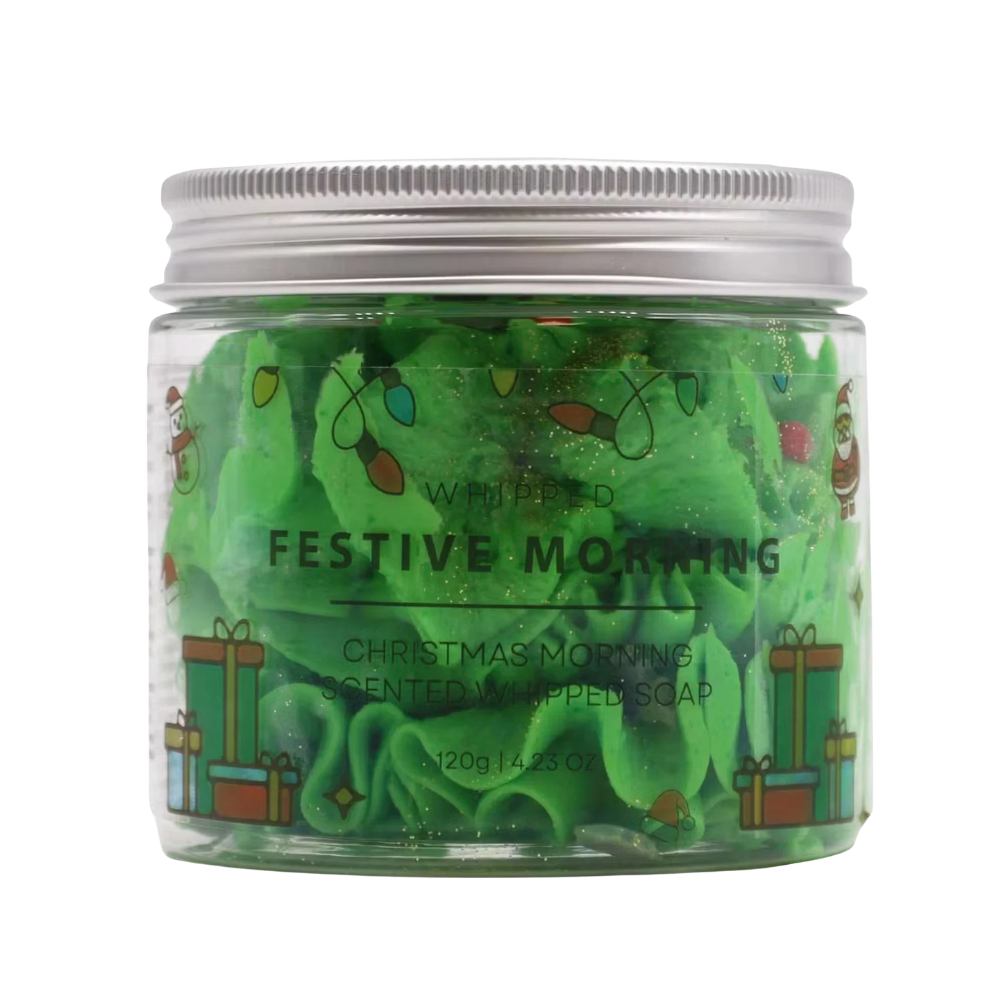 Absolute Whifs Festive Morning whipped soap in a clear jar with a silver lid, featuring green soap and holiday decor.