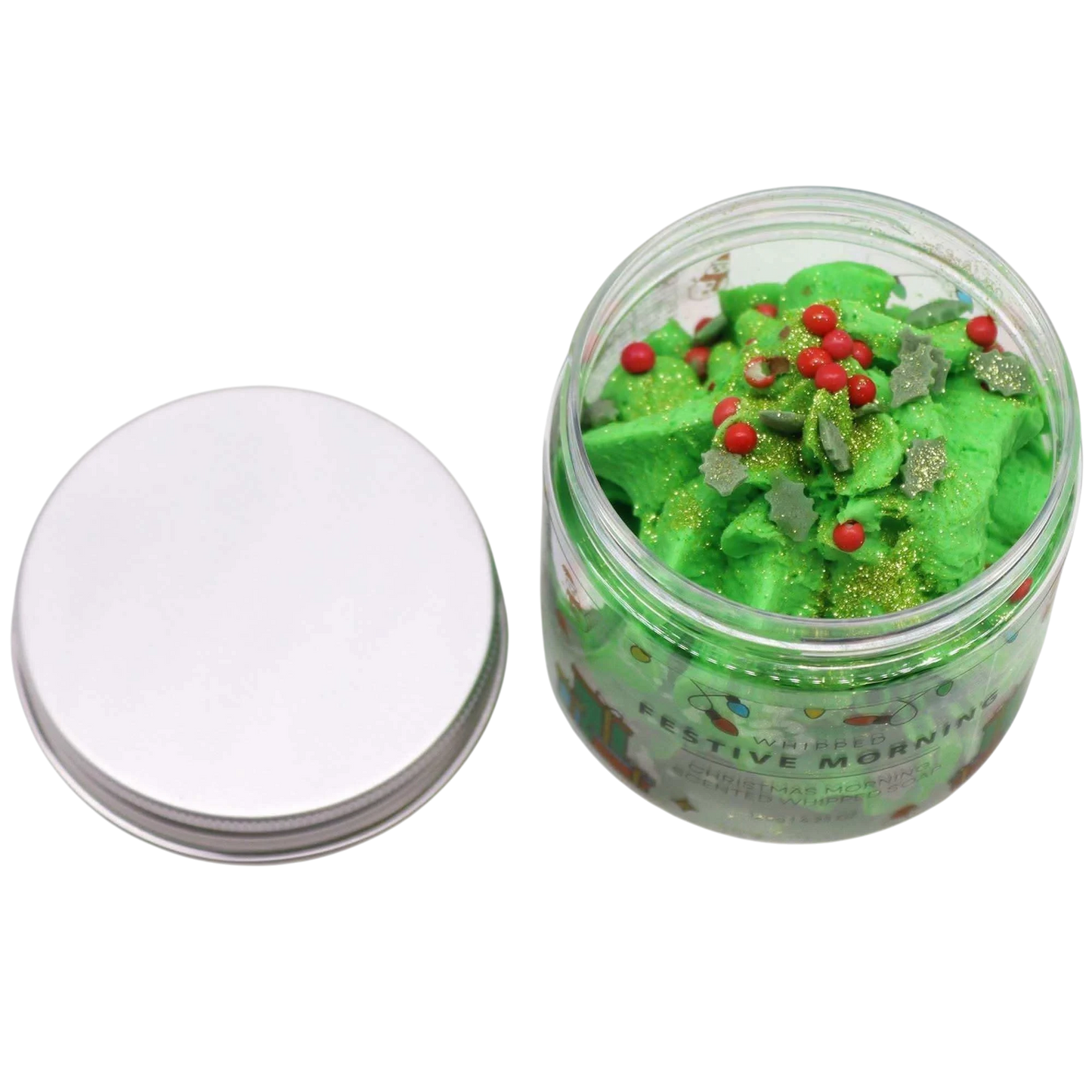 Absolute Whifs Festive Morning green whipped soap in a clear jar with silver lid, topped with red and green sprinkles.