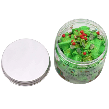 Absolute Whifs Festive Morning green whipped soap in a clear jar with silver lid, topped with red and green sprinkles.