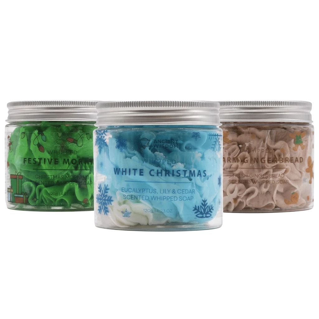 Absolute Whifs Festive Whipped Soap bundle featuring green, blue, and brown scented soaps in clear jars with silver lids