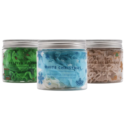 Absolute Whifs Festive Whipped Soap bundle featuring green, blue, and brown scented soaps in clear jars with silver lids