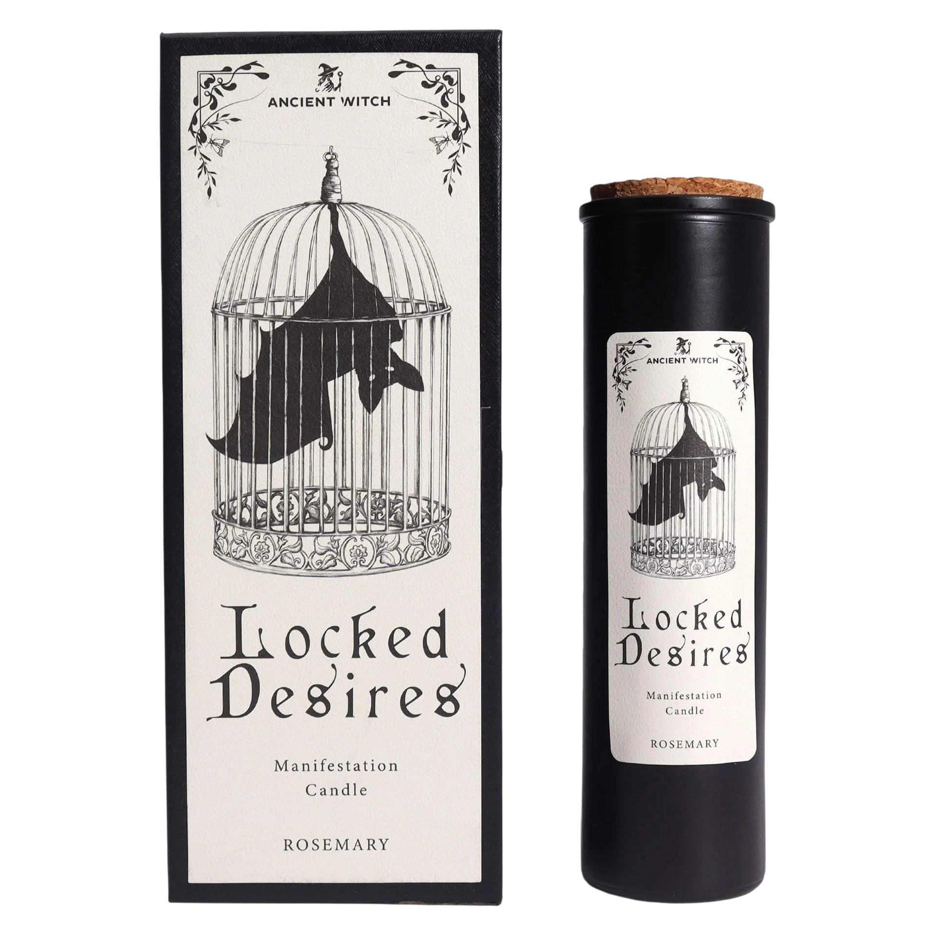 Absolute Whifs Ancient Witch Locked Desires ritual candle with bat in cage design and rosemary scent in gift box