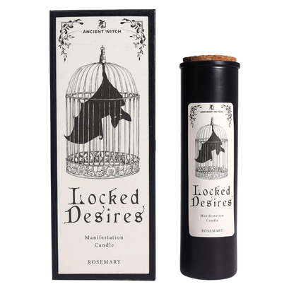 Absolute Whifs Ancient Witch Locked Desires ritual candle with bat in cage design and rosemary scent in gift box