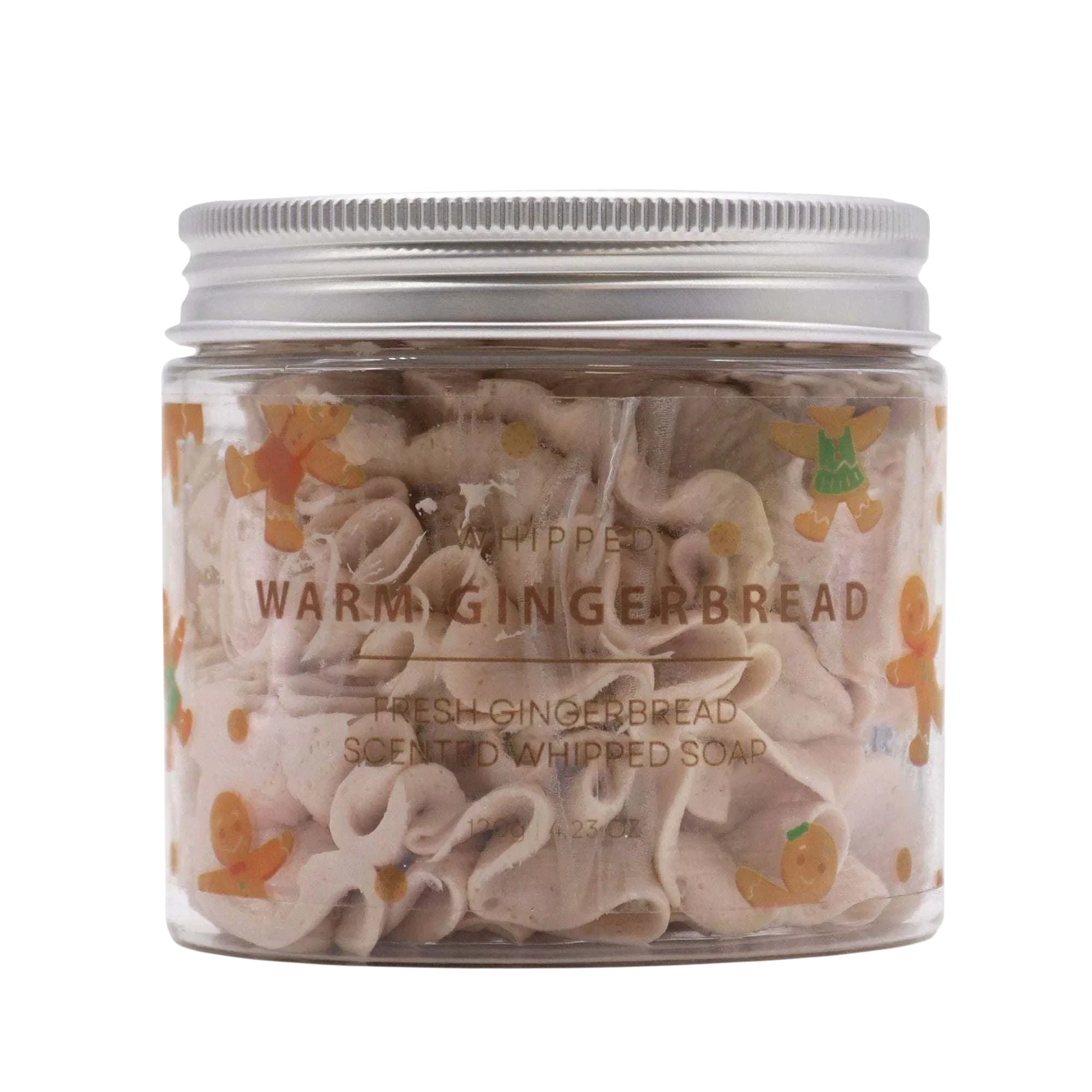 Absolute Whifs Warm Gingerbread whipped soap in a clear 120g jar with a silver lid and festive gingerbread man label