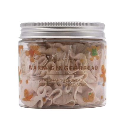 Absolute Whifs Warm Gingerbread whipped soap in a clear 120g jar with a silver lid and festive gingerbread man label