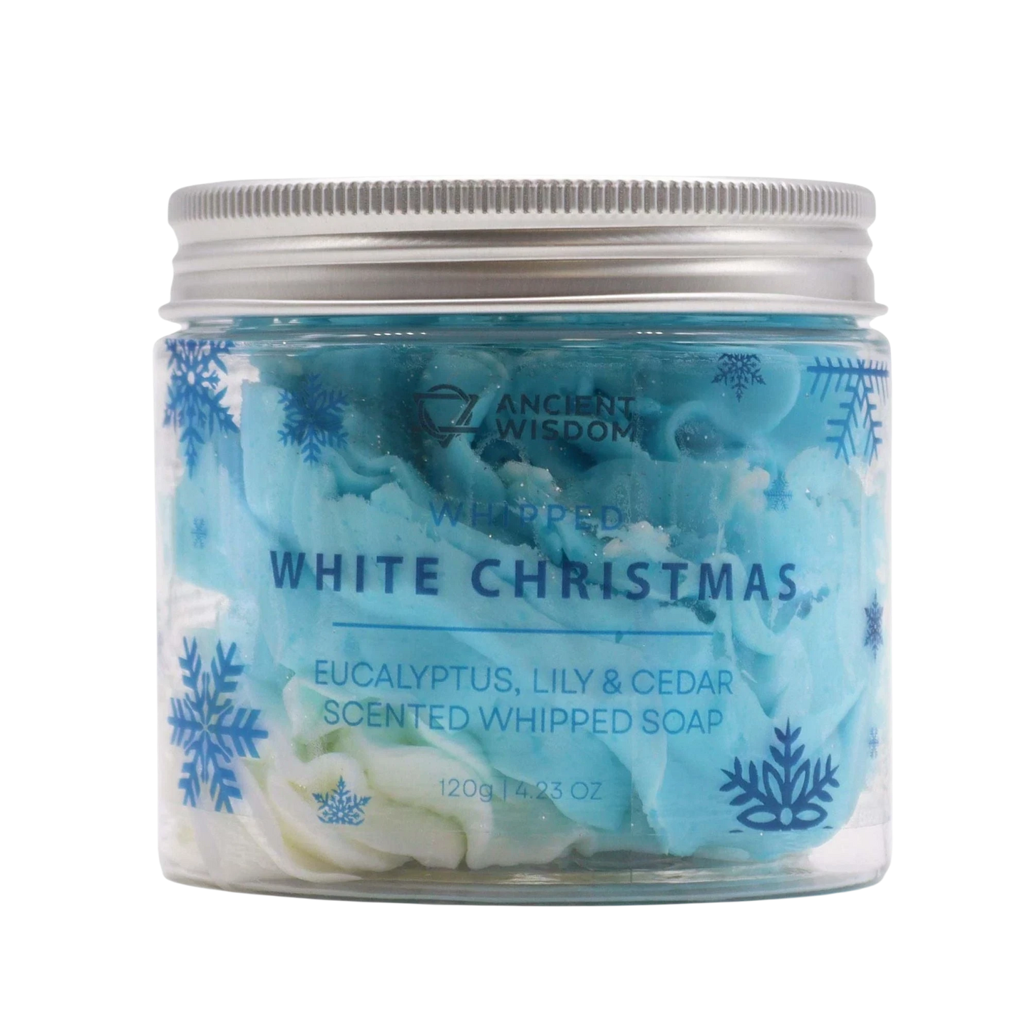 Absolute Whifs Ancient Wisdom White Christmas whipped soap in a clear jar with a silver lid and snowflake design
