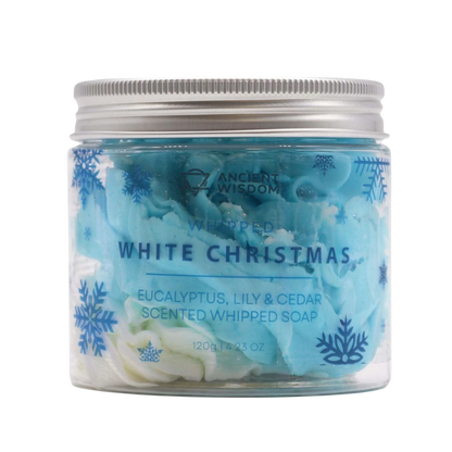 Absolute Whifs Ancient Wisdom White Christmas whipped soap in a clear jar with a silver lid and snowflake design
