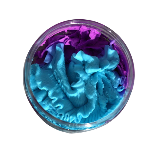 Amethyst Creed Whipped Soap in a clear jar with vibrant turquoise and purple swirled whipped texture