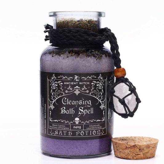 Ancient witch bath spell potion bottle with rock crystal amulet for cleansing