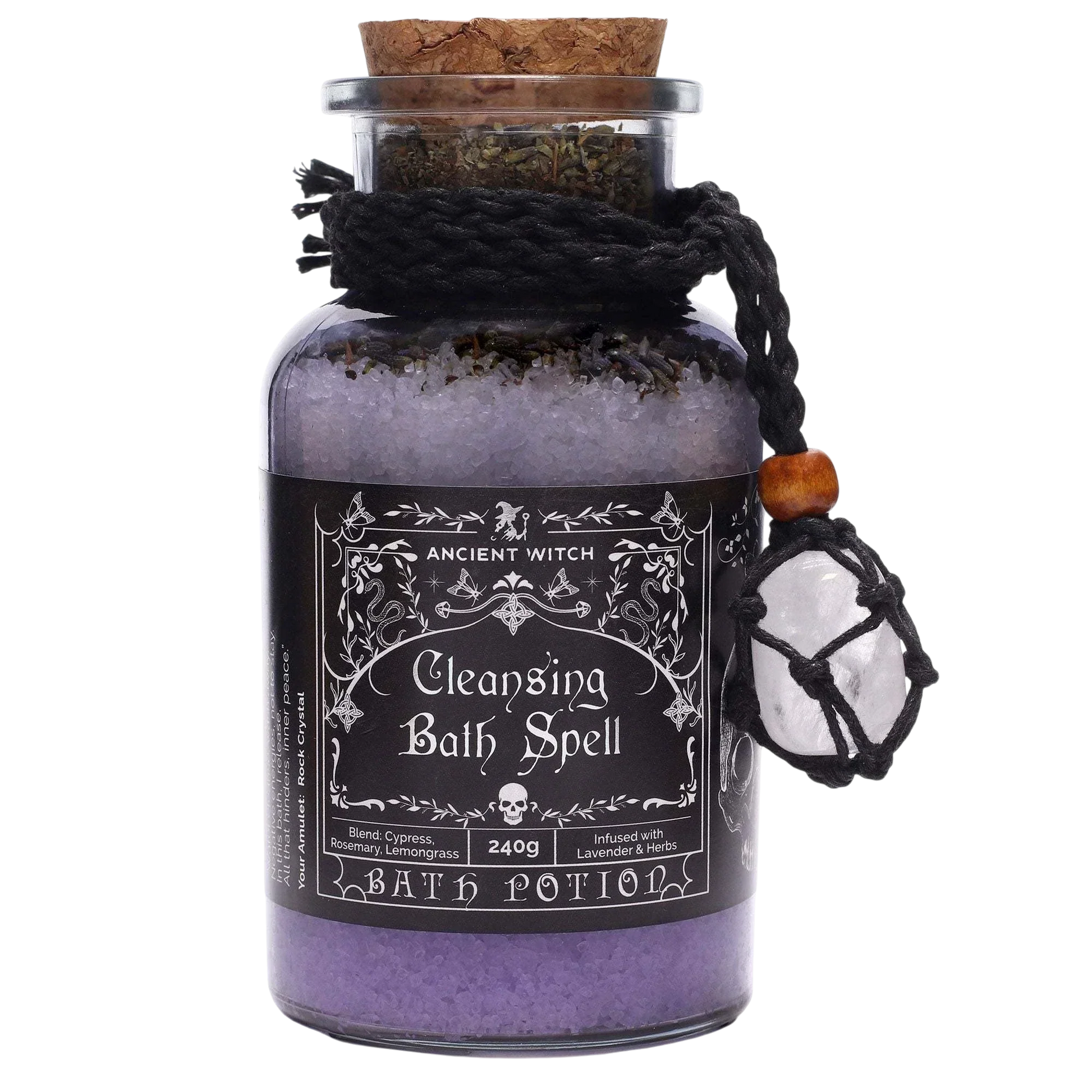 Ancient witch bath spell - cleansing potion in apothecary bottle with rock crystal amulet
