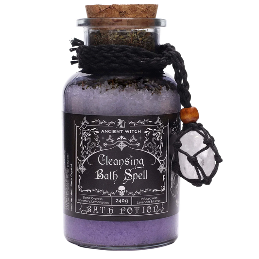 Ancient witch bath spell - cleansing potion in apothecary bottle with rock crystal amulet