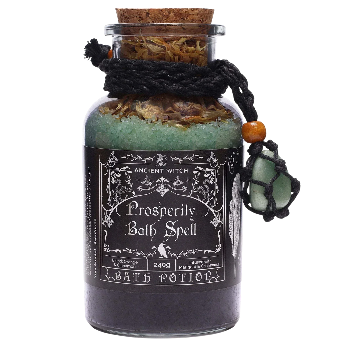 Ancient witch bath spell - prosperity bottle with aventurine crystal amulet