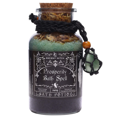 Ancient witch bath spell - prosperity bottle with aventurine crystal amulet