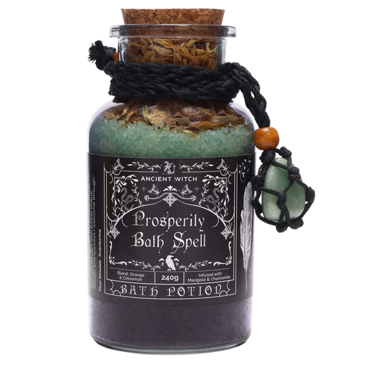 Ancient witch bath spell - prosperity bottle with aventurine crystal amulet