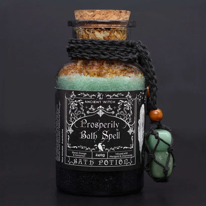 Ancient witch bath spell prosperity potion bottle with aventurine crystal amulet
