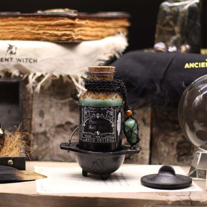 Ancient Witch Bath Spell Prosperity potion with aventurine amulet in apothecary bottle