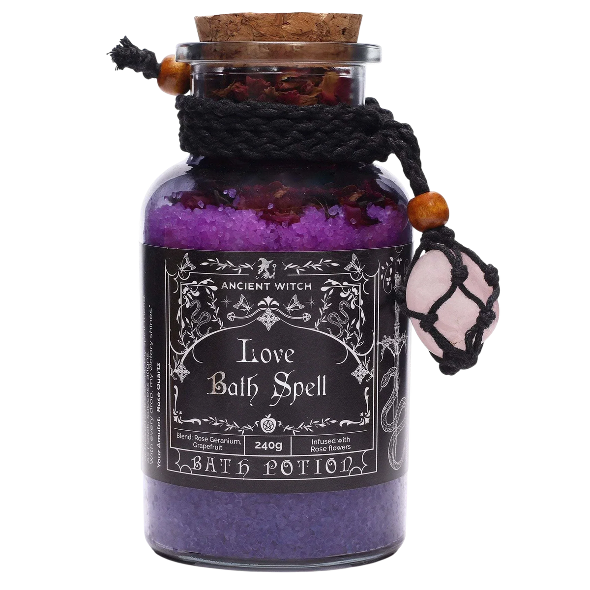 Ancient Witch Bath Spell - Love with rose quartz amulet and rose petals