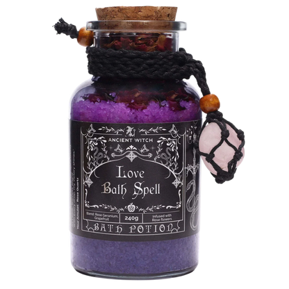 Ancient Witch Bath Spell - Love with rose quartz amulet and rose petals