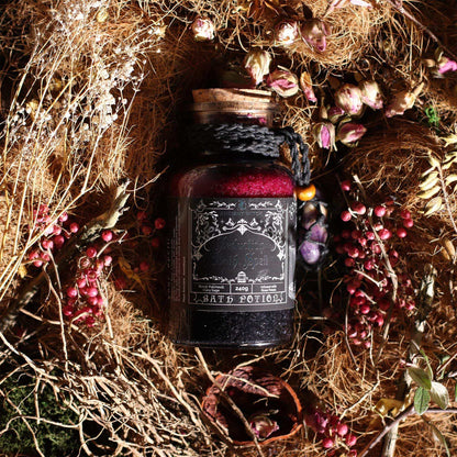 Ancient witch bath spell jar with amethyst crystal amulet and rose petals for seduction