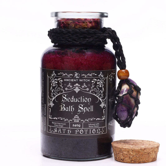 Ancient witch bath spell jar with amethyst crystal amulet for seduction ritual