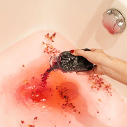 Ancient Witch Bath Spell jar with amethyst crystal amulet and rose petals