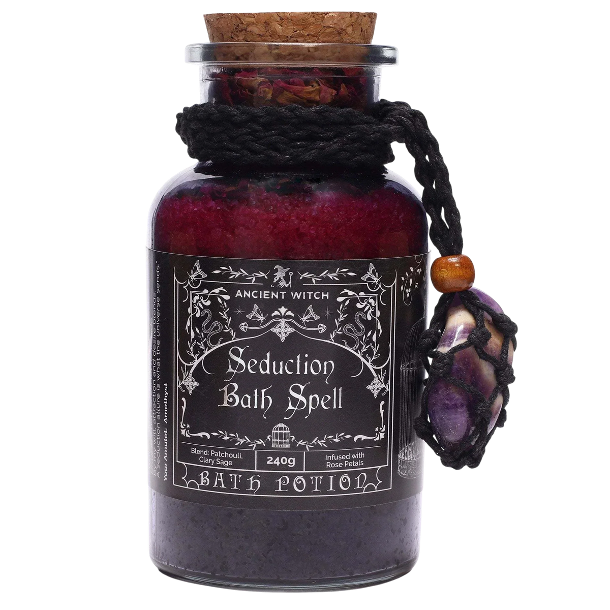 Ancient witch bath spell - seduction spell jar with amethyst crystal amulet and rose petals