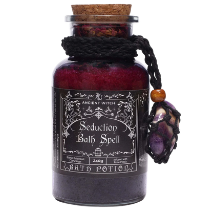 Ancient witch bath spell - seduction spell jar with amethyst crystal amulet and rose petals