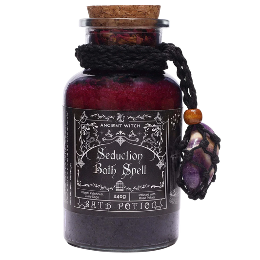 Ancient witch bath spell - seduction spell jar with amethyst crystal amulet and rose petals