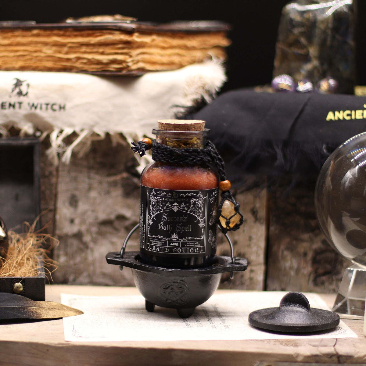 Ancient Witch Bath Spell Success potion bottle with Citrine crystal amulet