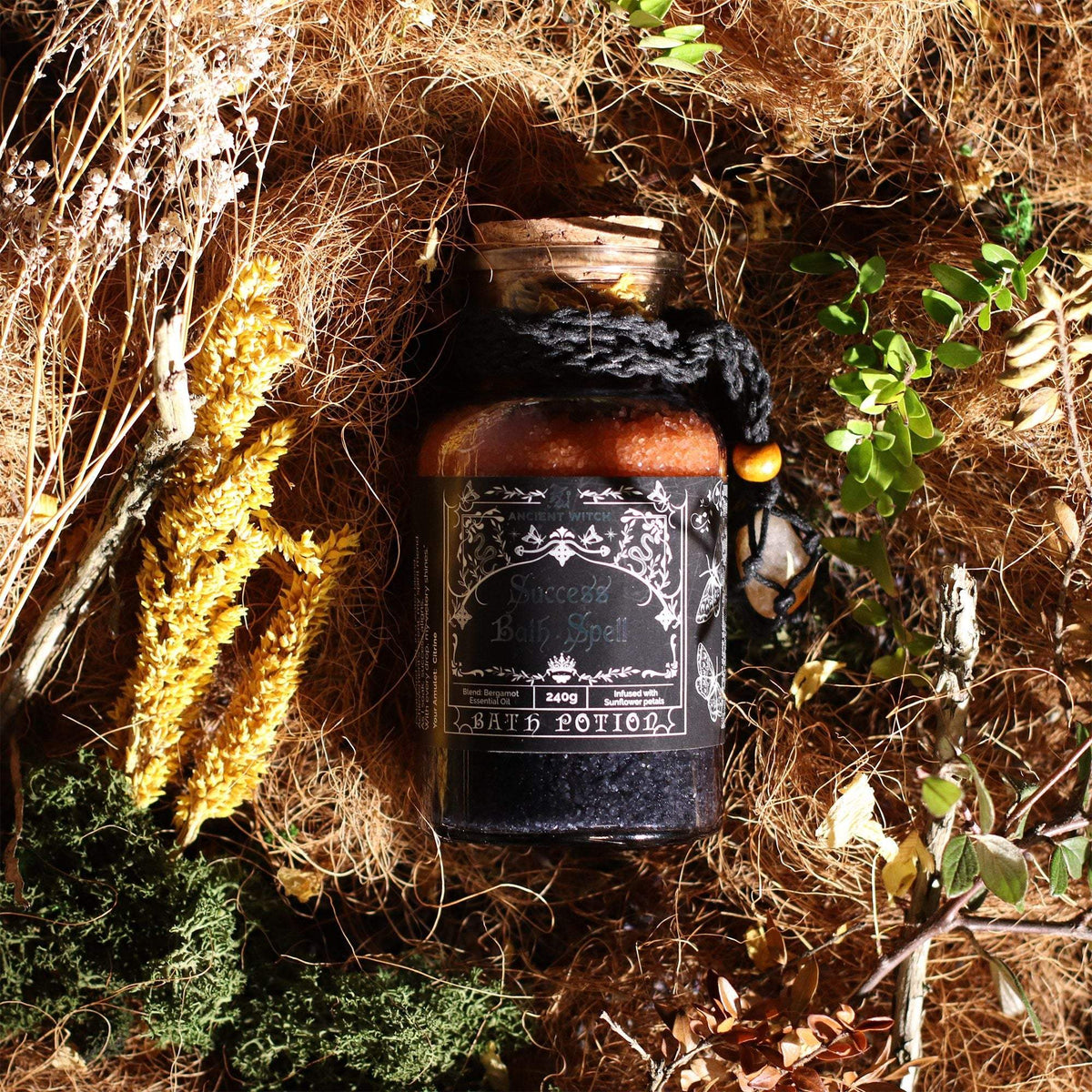 Ancient witch bath spell bottle with citrine crystal amulet for success