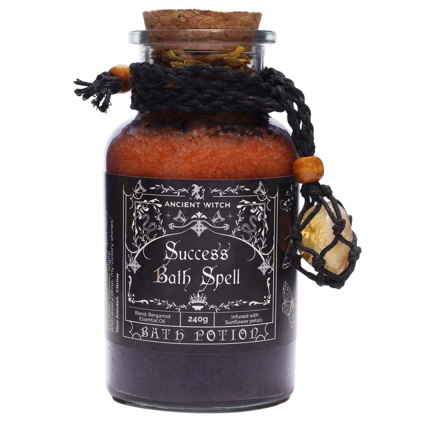 Ancient Witch Bath Spell with success potion bottle and Citrine crystal amulet