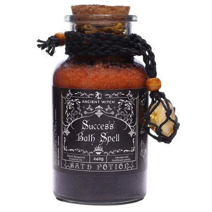 Ancient Witch Bath Spell with success potion bottle and Citrine crystal amulet