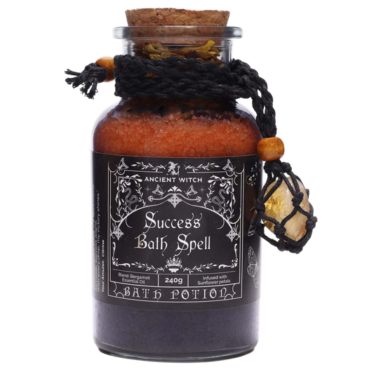 Ancient Witch Bath Spell with success potion bottle and Citrine crystal amulet